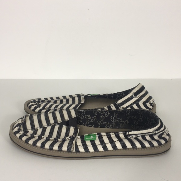 Sanuk Shoes - Sanuk Black and White Striped Slip On Shoes